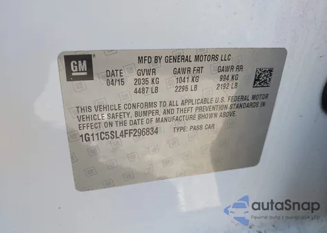 2015 Chevrolet Malibu 1Lt z USA, uszkodzony, nr VIN 1G11C5SL4FF296834